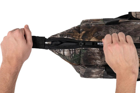 Hella Durable 48 Can Insulated Soft Sided Cooler Featuring Realtree Xtra Camo Shell with zipper close-up for easy access.