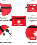 Mini red first aid kit, 147-piece, nylon pouch with metal zipper and rotatable buckle.