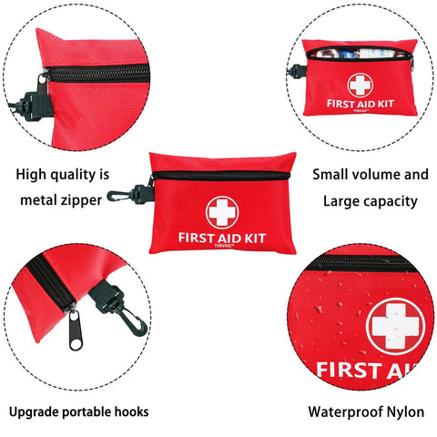 Mini red first aid kit, 147-piece, nylon pouch with metal zipper and rotatable buckle.