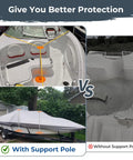 Boat Cover Support Poles With Anti-UV Ropes And 9-Inch ABS Base, installed and protecting a boat; comparison with and without poles.