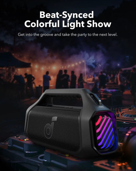 Boom 2 Plus Portable Speaker With 140W BassUp 2.0 in outdoor party setting with RGB lights.