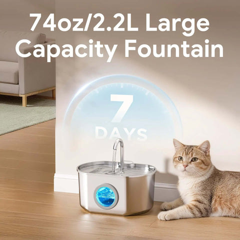 Stainless Steel Cat Water Fountain With 73oz Capacity Easy View Water Level Window beside cat, indoor setting