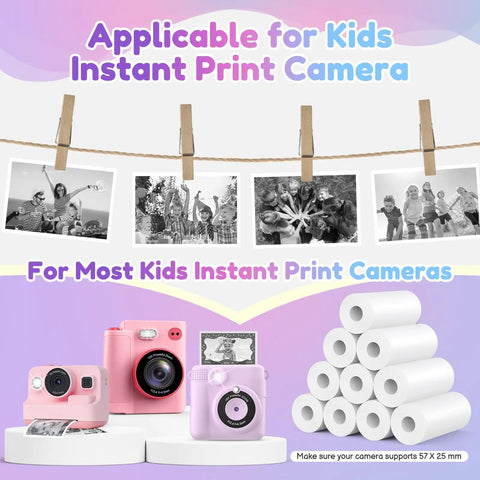 Kid Tested Instant Camera Paper Roll Refill Pack 10 Thermal Paper Rolls Fade Proof 3 Micron Nano Sealed Coated Paper For Ultra HD Photos Long Lasting Color Great For Kid Albums Scrapbooks And Party Fun Easy Printouts, 57 x 25 mm rolls with kids instant cameras