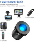 12V cigarette lighter socket with blue light, shown with compatible devices like car DVR, GPS, air pump, vacuum cleaner.