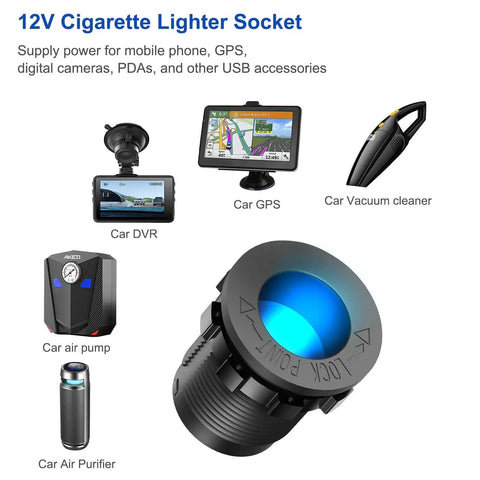 12V Cigarette Lighter Socket for powering devices like GPS, car DVR, vacuum, and air purifier in vehicles.