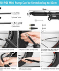 Grab And Go All In One Bike Repair Kit With Mini Pump showing 120psi pump, Schraeder and Presta valves, bike tire inflation steps