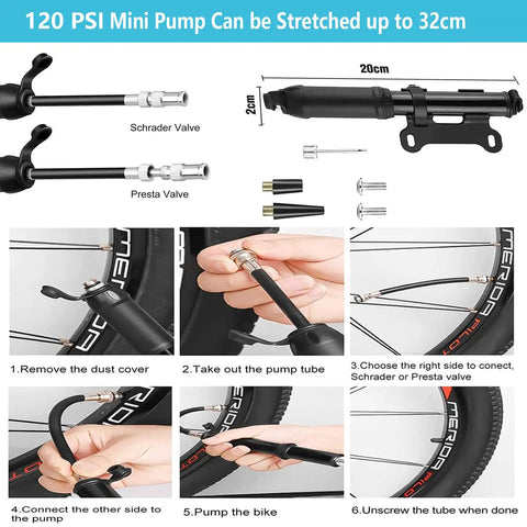 Grab And Go All In One Bike Repair Kit With Mini Pump showing 120psi pump, Schraeder and Presta valves, bike tire inflation steps