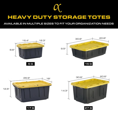 Four sizes of heavy duty storage totes displayed with dimensions, including Beefy 27 Gallon Heavy Duty Stackable Storage Bins With Lids.