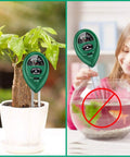3 In 1 Soil Moisture PH Light Meter inserted in potted plant, not for aquarium use with red cross sign, green device with dial display