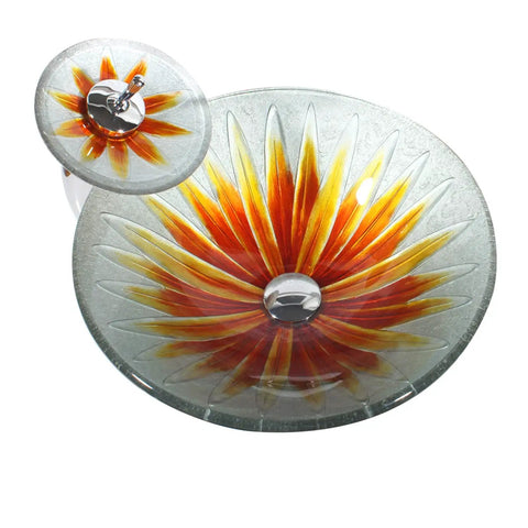 USZWBY Bathroom Vessel Sink,Tempered Glass Vessel Sink Bowl with Faucet Set,Round Bowl Artistic Vanity Sinks,Counter Top Installation Sink with Pop Up Drain, colorful floral design.