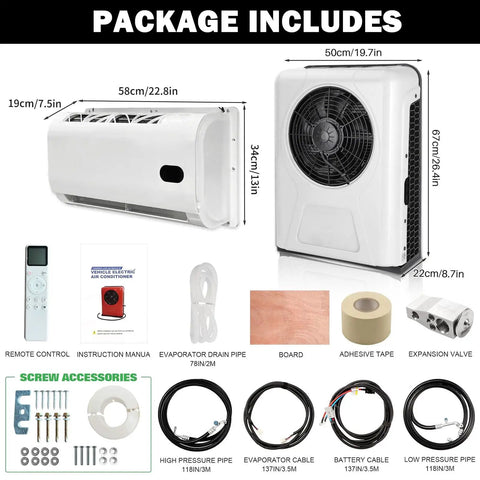 12V DC Truck Cab Air Conditioner With Brushless Motor Split Mini APU Unit, showing components and dimensions