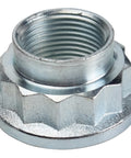 Close-up of a threaded silver nut for Wheel Hub Bearing And Steering Knuckle Assembly Front Left Driver Side for 2012-2017 Toyota Camry 2.5L