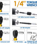50 Piece Master Bike Torque Wrench Set With One Quarter Inch Drive, 10 To 230 Inch Pound Range, shown with adapters and sockets