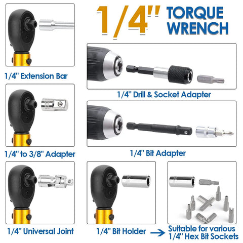 50 Piece Master Bike Torque Wrench Set With One Quarter Inch Drive, 10 To 230 Inch Pound Range, shown with adapters and sockets