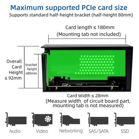 Maximum supported PCIe card size diagram for Ready To Roll External Pcie To Thunderbolt 3 4 Adapter With Usb4 Supporting Up To 40 Gbps Bandwidth.