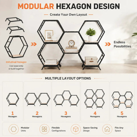 Dope Hexagon Room Divider Shelf With Modular Open Storage Industrial Freestanding Display Bookcase showing layout options