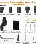 Miter Saw Dust Collection Adapter Five In One Vacuum Connector Delivers Ninety Five Percent Dust Capture With Optimized Airflow Guide Compatible With DWS779 DWS780 accessories including hose adapters, dust port, and tools displayed.