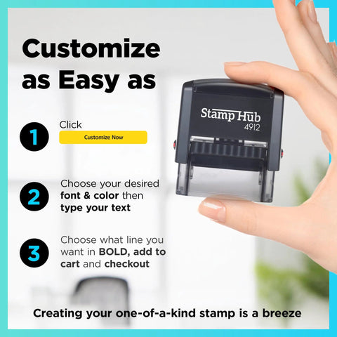 User holding Self Inking Custom Stamp With Up To 6 Lines, Personalize Return Address Or Office Name, Easy Ink Cartridge Swap