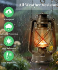 Vintage LED Outdoor Lantern With Dancing Flame Wick hanging in rain, showcasing waterproof and weatherproof features in bronze.