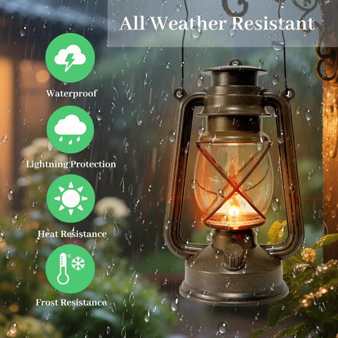 Vintage LED Outdoor Lantern With Dancing Flame Wick hanging in rain, showcasing waterproof and weatherproof features in bronze.