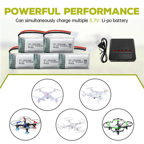 5 Pack 3 7V 400mAh Li Battery Set With 5 In 1 Charger For SYMA Q11 H99W H31 H6C H98 AT-96 TR-C385 TR-P51 TR-F22 Quadcopter