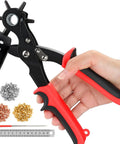 Using 2 In 1 Leather Hole Punch And Eyelet Setter Tool for belts, sturdy steel construction, revolving punch with metal eyelets included.