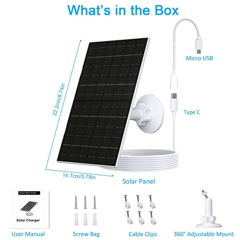 What's in the box of 7W Solar Panel Charger For Arlo Essential 2K 2Nd Gen Essential XL And Essential Spotlight Cams USB C To Micro USB Cable Included IP66 Weatherproof 360 Degree Adjustable Mount 7.2ft Cable