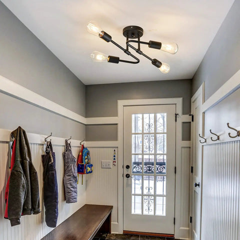 4 Light Black Semi Flush Mount Sputnik Ceiling Light Fixture Dope Matte Metal Farmhouse Chandelier in a hallway setting