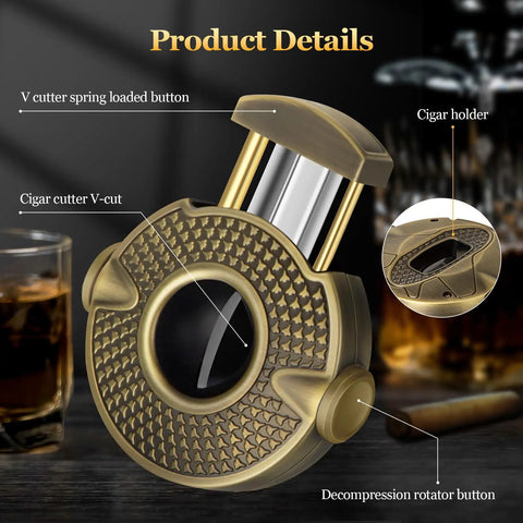 V Shape Cigar Cutter 3 In 1 With Stainless Steel Blade Integrated Holder And Decompression Rotator Round Ergonomic Design