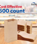 Stack of Kraft Paper Lunch Bags 500 Count Bulk, Brown Disposable Bags With SOS Bottom For Standing on wooden surface