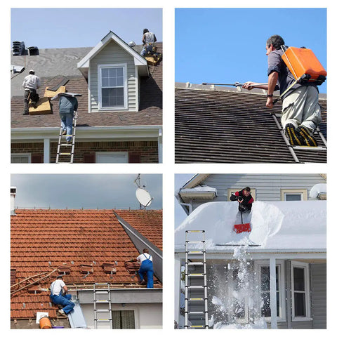 Multiple roofers using Telescoping Extension Ladder 12 and a Half Ft Aluminum Alloy Lightweight Workhorse for Roofing and Home DIY Outdoor Projects RV Use 330 Lb Capacity Safe Quick Lock Rust Resistant Anodized Finish for various roofing tasks.