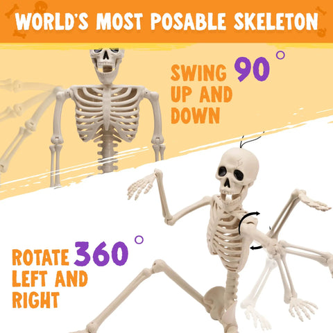 Spooky Hanging 16 Inch Posable Skeleton Set For Halloween Decor showing swinging and rotating joint functions