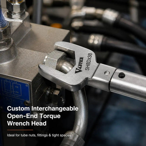 Heavy Duty Swappable Torque Wrench Head Built Tough Precision Steel Spanner for tube nuts with a custom open-end design.