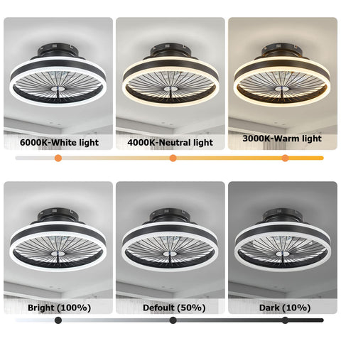 Invisible Ceiling Fan With Lights, 16-Inch Flush Mount With Remote, showing 3-color dimming and light intensity settings