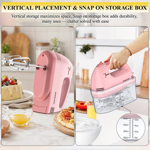 Heavy Duty Pink Hand Mixer With Seven Speed Settings And Five Durable Stainless Steel Attachments Including Flat Beaters Dough Hooks And A Balloon Whisk Plus Secure Storing Case used in kitchen next to desserts
