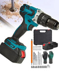 Heavy Workhorse Cordless Hammer Drill Set With Two 1500 Mah Batteries For Tough DIY Projects Featuring Dual Speed Chuck and accessories.