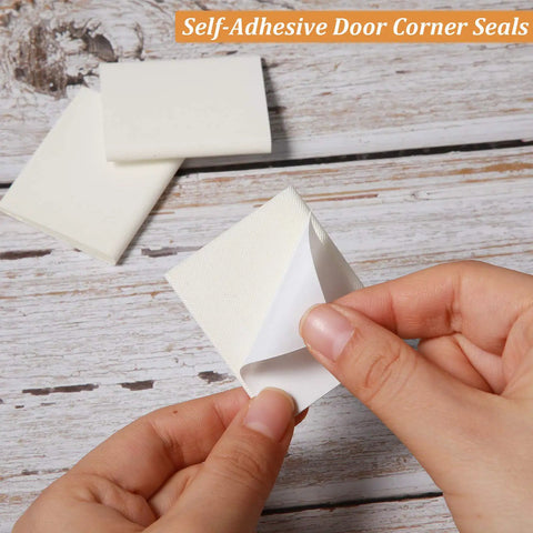 Close-up of 14 Piece Self Adhesive Door Corner Seals Set for Exterior Door Frames in white, showing peelable backing.
