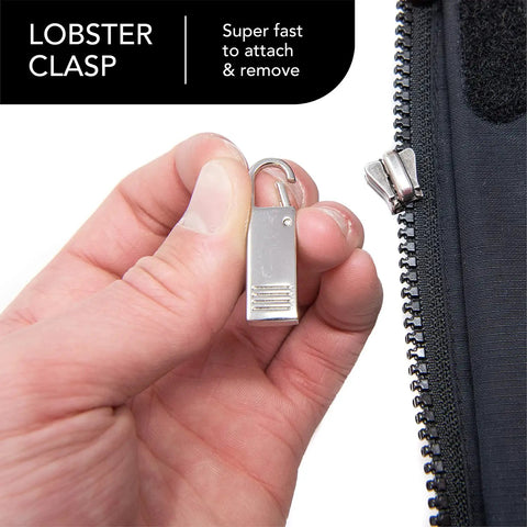 4 Pack Heavy Duty Zipper Pulls Replacement Clips Clip On Tabs Silver For Jackets Coats Luggage Suitcases Backpacks Boots And More Grab And Go Easy Install Zipper Puller Parts being attached to a zipper.