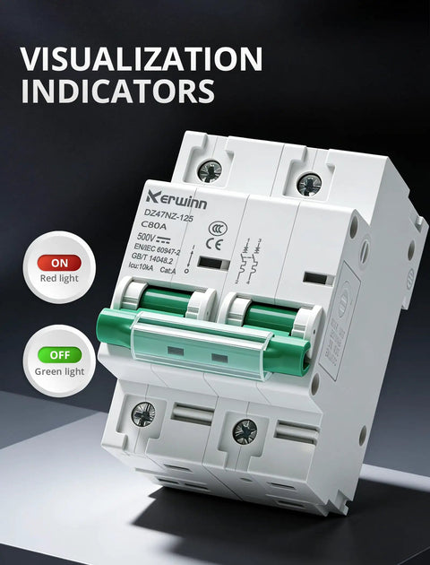 Non Polar DC Circuit Breaker 500V 2 Pole 125A DZ47NZ 125 2P with visual indicators, showing red "ON" and green "OFF" lights