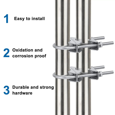 Heavy Duty Mast Clamp Kit For Dual Antenna Mounts With V Jaw Brackets And U Bolts, Two Pack Pole Mount Brackets For Outdoor Roof Or Mast Install, Zinc Plated Iron Construction With Rust Proof Finish Built To Last, on mast
