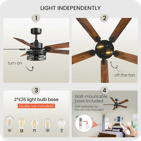 Dope Farmhouse Style 42 Inch Ceiling Fan With Lights And Remote, showing dual finish walnut and black blades, light bulb base, and remote control options.