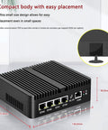 Built Different Fanless Firewall Box Cranking Out Celeron 6305 Punch With Four Real Lan Ports sleek compact design view with dimensions.