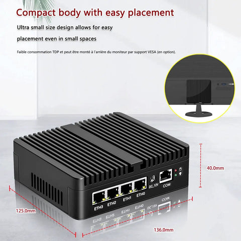 Built Different Fanless Firewall Box Cranking Out Celeron 6305 Punch With Four Real Lan Ports sleek compact design view with dimensions.