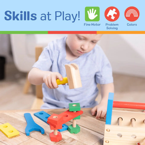 Child playing with Take Along Tool Kit Wooden Construction Toy Set for little builders, using wooden hammer and colorful boards