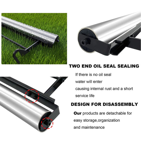 Two close-up images of Stainless Steel Mower Striping Kit For EGO 21 Inch Walk Behind Mowers Pro Grade Build with oil seal detail.