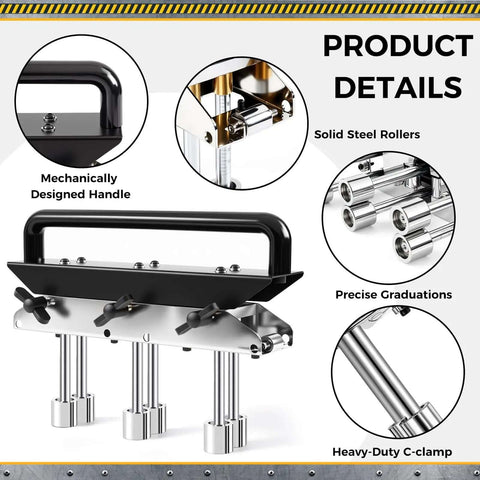 Detailed view of Three Station Edge Roller Bender for Standing Seam Roofing with solid steel rollers, precise graduations, and handle.