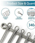 340 Piece Cotter Pin Set In Six Sizes 304 Stainless Steel Split Pins showcasing common sizes and durable construction.