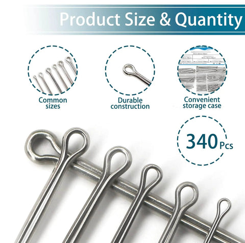 340 Piece Cotter Pin Set In Six Sizes 304 Stainless Steel Split Pins showcasing common sizes and durable construction.