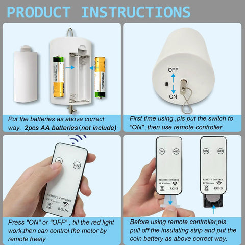 Product instructions for Disco Ball Motor For Wind Spinner And Mirror Ball Chimes with remote control and battery setup