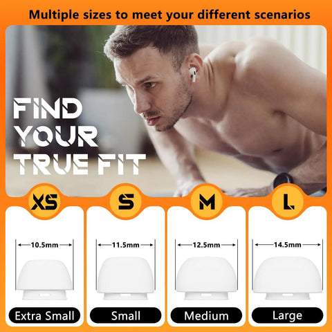 Premium Replacement Ear Tips For Apple AirPods Pro 2nd And 1st Gen White 4 Pairs Soft Silicone Buds showing different sizes XS, S, M, L for a perfect fit.